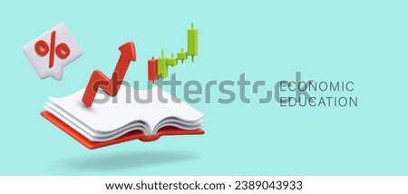Concept of economic education. Poster with open book, red arrow, diagram and percent for online school. Vector illustration in 3d style with blue background