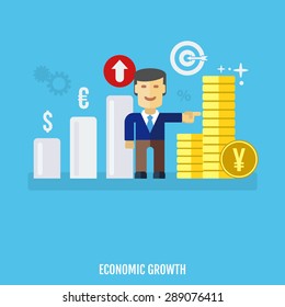 Concept of economic growth. Business man represents and share his business. Flat design. Vector Illustration.