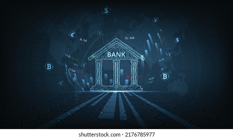 Concept Of Economic Growth Chart Business Strategy Finance And Banking. Graph And Bank Icon On Dark Blue Background. Digital Marketing Design.