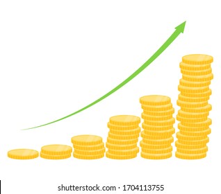 The concept of economic growth. Stacks of coins. Arrow showing profit growth, currency values, changes in market prices, increasing sales. Indicators of financial success. Vector illustration.