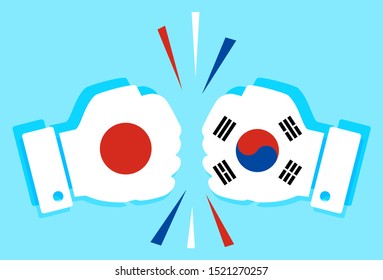 concept of economic and patriotic confrontation between the two countries. Flags of Japan and South Korea on fists colliding with each other