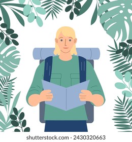 concept of ecotourism. a man with a backpack goes hiking. research and study of nature. vector