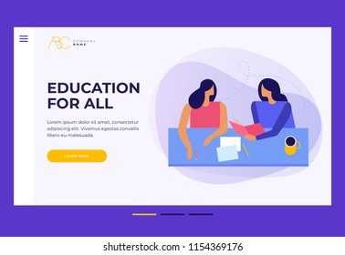 Concept of education for all. Two young women talking to each other at table. Educator and student read book. Design template for Landing Page. Header for website. Colorful flat vector illustration.