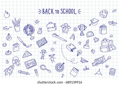 Concept of education. Back to school background. Freehand drawing school items.