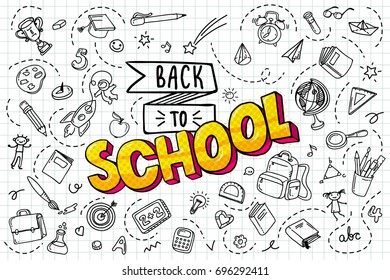 Concept of education. Back to school background. Freehand drawing school items.