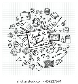 Concept of education. Back to school. Freehand drawing school items on a sheet of exercise book.