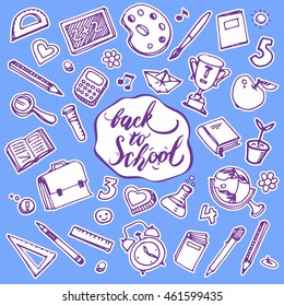 Concept of education. Back to school. Freehand drawing school items on a blue background.