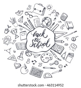 Concept of education. Back to school. Freehand drawing school items on a sheet of exercise book.