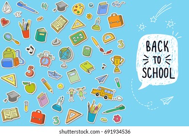 Concept of education. Back to school on blue background. Freehand drawing color school items.