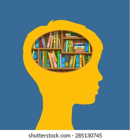 Concept of education. Book shelf in form of head. Flat design, vector illustration