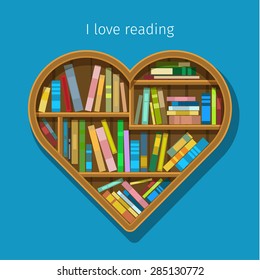 Concept of education. Book shelf in form of heart. Flat design, vector illustration