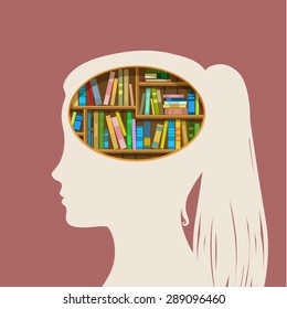 Concept of education. Book shelf in form of head. Flat design, vector illustration