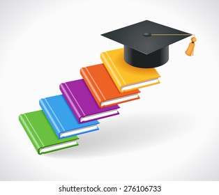 Concept of Education. Books are in the form of steps with an academic cap on top