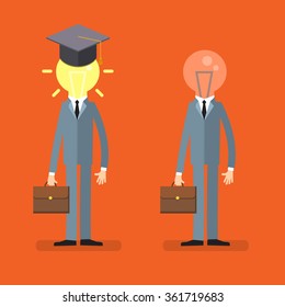 Concept of education. Business Man with light bulb in student cap instead of his head. Flat design, vector illustration