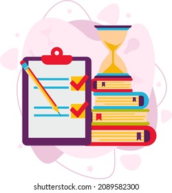 The concept of education. A checklist of tests, a stack of books, a pencil and an hourglass symbol. Vector illustration in a flat style.