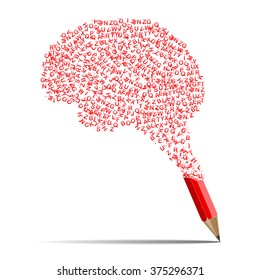 Concept of education. Cloud of letters in form of human brain flying from red pencil. Learning process