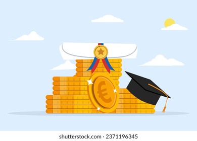 concept of education costs, school fees or scholarships, money for university or graduation, student fees or debt, college diploma, Euro money coins with graduation cap and mortarboard certificate.