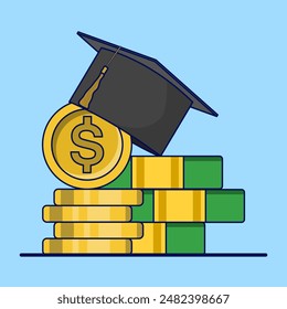 Concept of education costs, tuition fees or scholarships, education cost allocation, money for university or graduation, college diploma, dollar coin with graduation cap and mortarboard certificate.