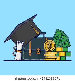 Concept of education costs, tuition fees or scholarships, education cost allocation, money for university or graduation, college diploma, dollar coin with graduation cap and mortarboard certificate.