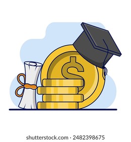 Concept of education costs, tuition fees or scholarships, education cost allocation, money for university or graduation, college diploma, dollar coin with graduation cap and mortarboard certificate.