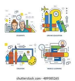Concept of education, creativity, online education, students, mobile learning. Vector illustration. You can use banners, advertisements, brochures and commercial projects.