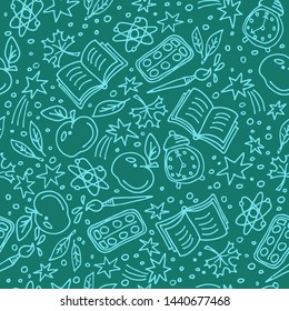 Concept of education. Doodle school symbols with Back to School lettering. Seamless pattern. Design element for fabric, wallpaper or wrapping paper. Hand drawn style.