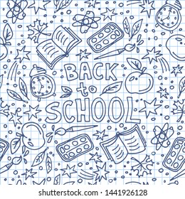 Concept of education. Doodle school symbols with Back to School lettering. Design element for posters, leaflets or booklets. Hand drawn style.