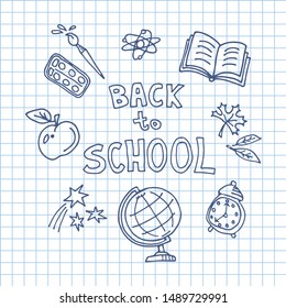 Concept of education. Doodle school symbols with Back to School lettering. Design element for posters or booklets. Hand drawn style.