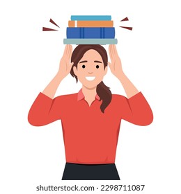 The concept of education and gaining knowledge. Smiling girl with a pile of books on her head. Flat vector illustration isolated on white background