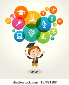 Concept of education. The generation of knowledge. Child and Icons of Science. File is saved in EPS 10 version. This illustration contains a transparency 