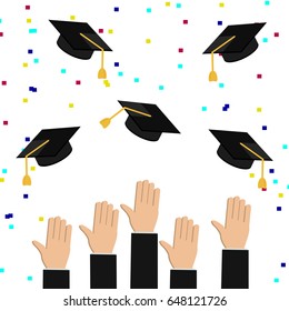 Concept of education. Graduates or businessman hands throwing graduation hats (caps) in the air. Congratulations on graduation.