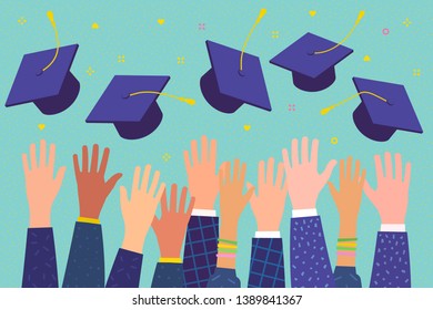 Concept of education. Graduates throwing graduation hats in the air. Flat design, vector illustration