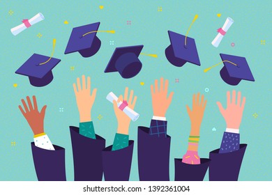 Concept of education. Graduates throwing graduation hats in the air. Flat design, vector illustration