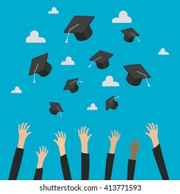 Concept of Education. Graduates Throwing Graduation Hats in the Air. Celebration Education Graduate Student Success. Flat design, vector illustration.