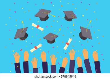 Concept of education. Graduates throwing graduation hats in the air.