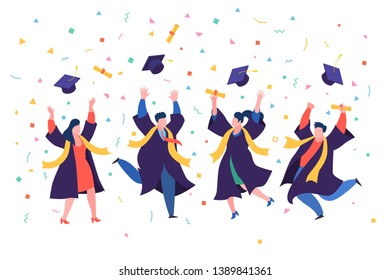 Concept of education. Group of happy graduated jumping students wearing academic dress, gown or robe and graduation cap. Celebrating university graduation. Flat cartoon vector illustration.