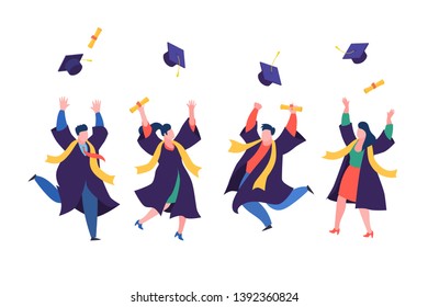 Concept of education. Group of happy graduated jumping students wearing academic dress, gown or robe and graduation cap. Celebrating university graduation. Flat cartoon vector illustration.