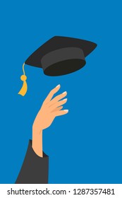 Concept of education, hand of graduate throwing graduation hat in the air. Vector illustration.