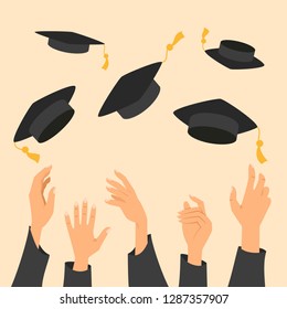 Concept Of Education, Hands Of Graduates Throwing Graduation Hats In The Air. Vector Illustration.