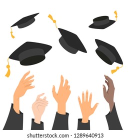 Concept of education, hands of graduates throwing graduation hats in the air. Vector illustration.