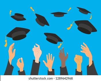 Concept of education, hands of graduates throwing graduation hats in the air. Vector illustration.