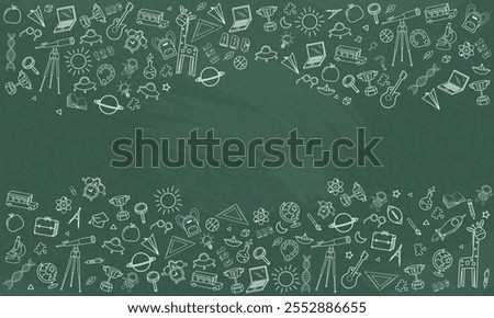 Concept of Education Home School background chalkboard with different stuff. Welcome back to school design vector.
