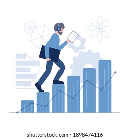 Concept of education increasing scientific knowledge. A man with a folder of documents in headphones climbing a staircase with steps made of bar chart reading the paper.Growing knowledge and