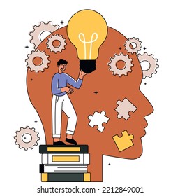 Concept of education. Man with light bulb on background of abstract head silhouette. Creative and logical thinking. Education, learning and training, knowledge. Cartoon flat vector illustration