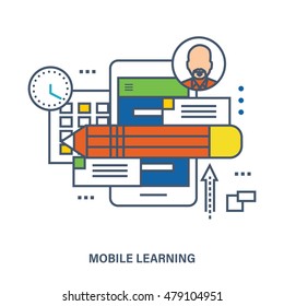 Concept of education, mobile learning. Color Line icons. Flat Vector illustration