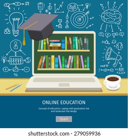 Concept of education. Notebook with graduation hat and bookcase on screen. Flat design