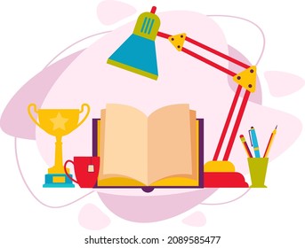 Das Konzept der Bildung. Auf dem Tisch liegt ein offenes Buch, eine Tischlampe, eine Siegesasse, ein Teebeutel. Vektorgrafik im Flachstil.
