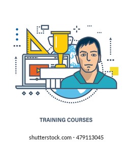 Concept of education, online courses and student learning. Color Line icons. Flat Vector illustration