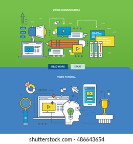 Concept of education, online learning with video communication and video tutorial. Color Line icons collection.Vector design for website, banner, printed materials and mobile app.