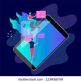 Concept Education people, Internet studying, online training, online book, tutorials, e-learning for social media, distance education, documents, cards, posters. Vector illustration online education
